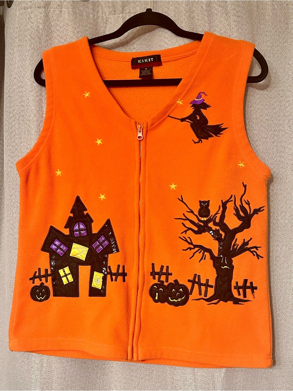 Orange Halloween Vest Women’s w/ Embroidered Witch, Pumpkins & Haunted House Med